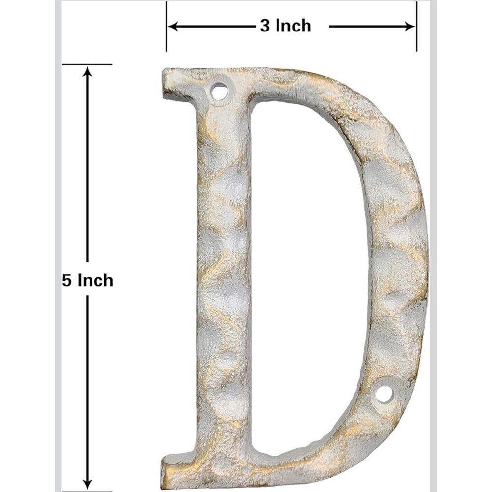 Cast Iron Letter D House Number Sign Hammered Metal Distressed White Gold 5 Inch